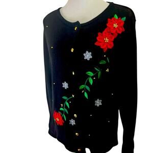 Vintage Black Cardigan Sweater Poinsettia & Snowflake Embroidery Size M (10–12)
